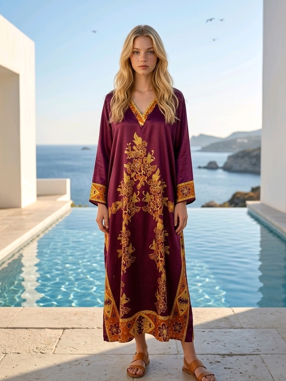 Women's Purple Floral Embroidered Kaftan